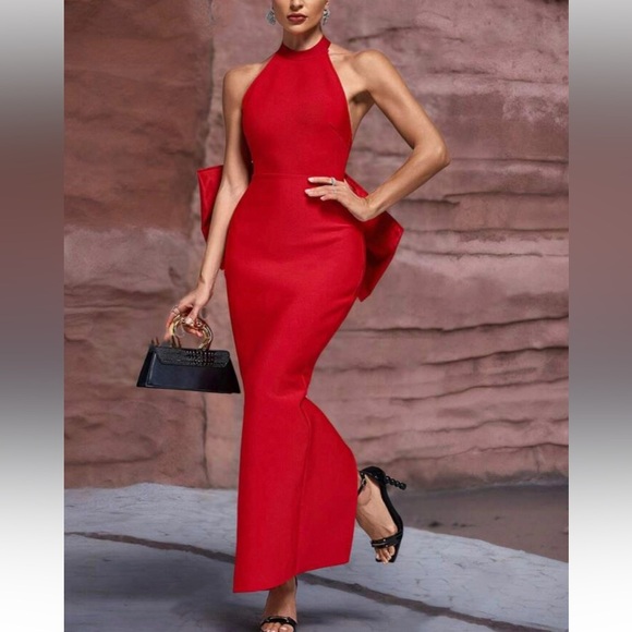 Elegant Red Bodycon Bandage Evening Dress with Bow Detail - Picture 3 of 7